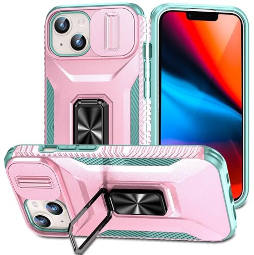 xinyunew Cover Compatibile con iPhone 12 Mini/iPhone 13 Mini,Custodia Antiurto,con 360°Rotante Anello Supporto TPU+PC Cover per iPhone 12 Mini/iPhone 13 Mini - verde rosa