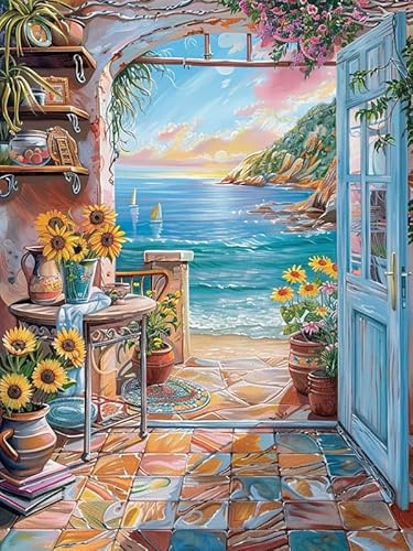 Pavemlo Diamond Painting Kits Strand Vor Der Tür, 5D Diamant Stickerei Malerei Kits Landschaft, Full Drill Kristall Set Strass Stickerei Bilder DIY Diamant Malerei für House Wall Dekoration 30x40 cm