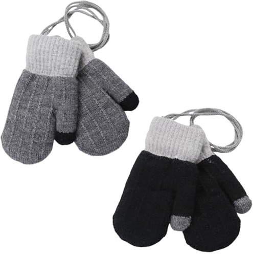 Ccomage 2 Paar Kinder Winter Handschuhe mit Fleece 0-3 Jahre Dicke Strick Baby Fäustlinge Wolle Plüsch Fausthandschuhe Halshandschuhe Strickhandschuhe für Baby Jungen Mädchen