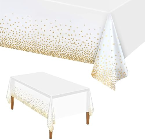 ASelected Plastic Tablecloths,2 pcs Party Tablecloths 54x108 inch,Reusable White and Gold Dot Rectangular Table Covers for Indoor or Outdoor Picnic Weddings Birthday Party Christmas