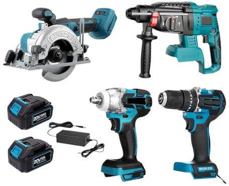 MZZYG Llave de Impacto Juego De Herramientas Sin Escobillas 4 Uds. Taladro Eléctrico 172 + Llave De Impacto 2 En 1 + Sierra Circular Eléctrica + Taladro De Martillo Eléctrico(Two Big Battery)