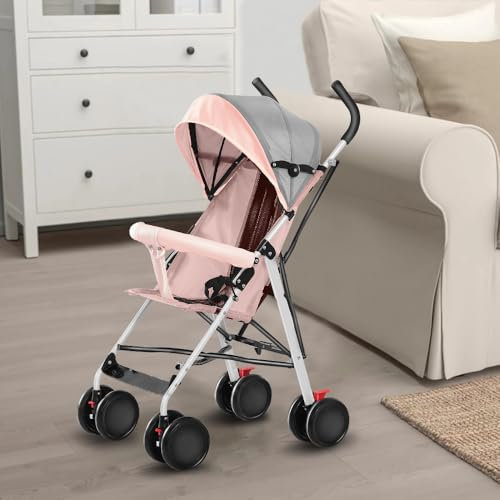 OHMG Kinderwagen für Babys, 0 – 3 Jahre, Traglast 15 kg, mit verstellbarer Rückenlehne und Fußstütze, faltbar, kompakt und leicht, Reise mit Sonnendach & Moskitonetz, 360° rutschfeste Räder
