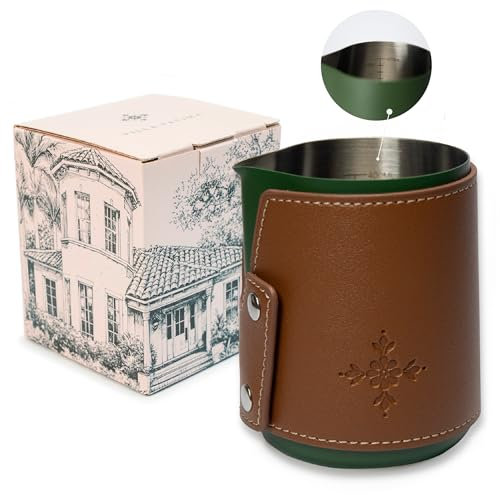 VILLA FATIMA Handleless Milk Frothing Pitcher 14oz - Premium Stainless Steel Frother Cup for Baristas - Milk Steamer Cup with Precision Spout - barista pitcher with Elegant Gift Box Packaging - Green