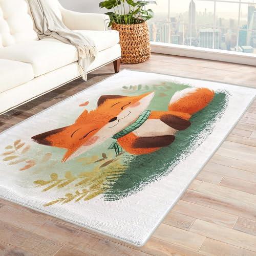 Teppich Babyzimmer Fuchs - Teppich Wohnzimmer Schlafzimmer Waldtiere, Großer Teppich Süße Tiere, Weich Kurzflor & Waschbar & rutschfest Wohnzimmerteppich, Kinderteppich, Bettvorleger 160x230 cm