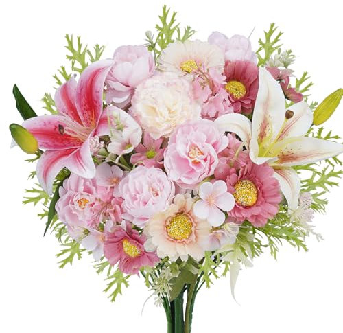Luabue Blumenstrauß Künstlich Rosa Pfingstrose Nelke Hyazinthe Chrysantheme mit Wasserpflanzen Kunstblumenstrauß Seidenblumen Artificial Blumen für Hochzeit Valentinstag Muttertag Heimdekoration