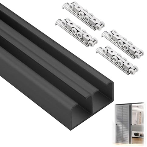 Binario per porta scorrevole Kit Hardware Per Porta Scorrevole Dell'armadio A Doppio Binario, Binario In Alluminio Per Porta Del Fienile Hardware Esterno Per Interni, Set Di Binari Per Porta(Black,70