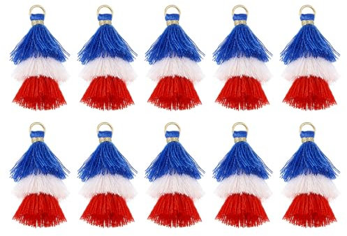 QUARKZMAN 10 Stück Winzige Dreischichtige Quasten 1,6 Mini Quaste Taschenanhänger Böhmische Handgefertigte Quasten Schlüsselanhänger für DIY Projekte Schmuckherstellung (Blau/Weiß/Rot)
