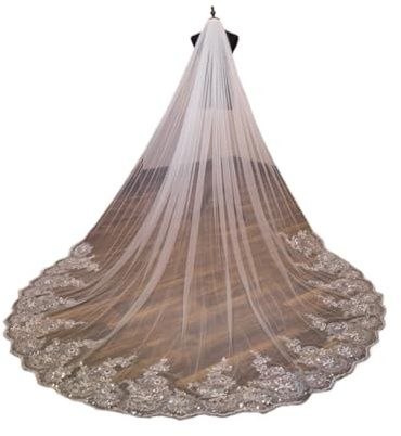 Brautschleier Brautschleier Spitzenkante Lang Luxuriöser Brautschleier Applikation Pailletten Weiß/Elfenbein Schleier Mit Kamm Einschichtig 3 Meter für Junggesellinnenabschied Hen Party(Light Ivory Of