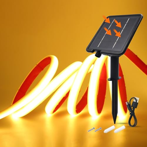 Wisada 24V Solar COB Neon Band, 8 Modi Lichtband Außen IP68 Lichterkette Selbstklebend, 320LEDs/m Superheller COB LED Stripe Cuttable LED Streifen für Terrasse, Innenhof (Warmweiß，4m)