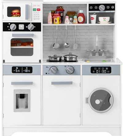 Maxmass Wooden Kids Toy Kitchen, Toddler Play Kitchens with Light, Sound, Microwave, Sink, Washing Machine, Water Dispenser, Coffee Maker, Utensils, Children Pretend Kitchen for 3+ Years Old (White)