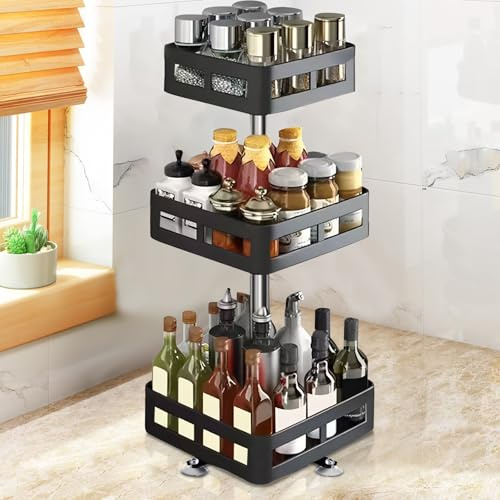 3 Etagen 360°Gewürzregal Drehbar, Lazy Susan Gewürzständer Drehteller, Küchenregal Arbeitsplatte, Metall Stahl Gewürz Organizer, für Gewürzgläser, Kosmetika, Reinigungsmittel, Stehend Ohne Bohren