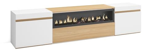 Skraut Home | TV-Schrank, Lowboard | für Wohnzimmer und Esszimmer | 200x45x35cm | Für TV-Geräte bis zu 80 | Elektrokamin. | Moderner Stil | Eiche Soft und weiß