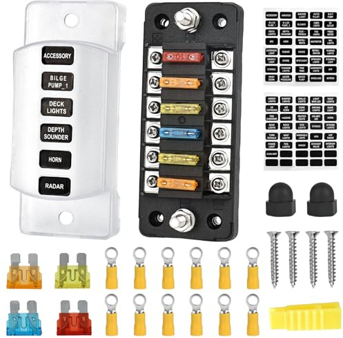 bssmmai 6 Fac KFZ Sicherungskasten 12v, KFZ Sicherungshalter 12v, Ausgestattet mit 5A, 10A, 15A, 20A Auto Sicherungen, Auto-Sicherungskasten mit Staubschutz und DIY-Autoaufkleber