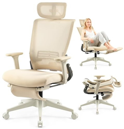 Wofbing Klappbar Bürostuhl mit Fußstütze, Ergonomisch Schreibtischstuhl mit Lendenwirbelstütze, Kopfstütze, Chefsessel Mesh Stuhl 150 kg für platzsparendes Arbeiten von zu Hause aus, Creme