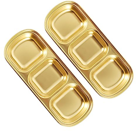 Gatuida 2 piezas Plato de Compartimentos Inoxidable con Recubrimiento Dorado Bandeja para Salsas y Condimentos Utensilio de Cocina para Aperitivos de para Hogar y Restauración