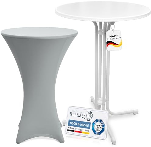 Beautissu Weißer Outdoor Stehtisch klappbar mit Husse wetterfest TÜV Stella | 80cm Silber wetterfester Partytisch mit Stretch Stehtischhusse platzsparender Bistrotisch Gastro-Qualität Bartisch Sylt