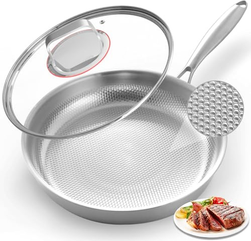 Abijan Edelstahlpfanne 30cm mit Deckel, Titan Pfanne unbeschichtet, Bratpfanne Induktion für alle Herdarten, PFOA-/PFAS-Frei, Pfanne Antihaftbeschichtet mit Ergonomischer Griff, Spülmaschinengeeignet