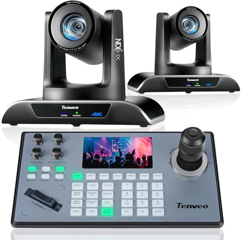 Tenveo PTZ Camera and Controller Bundle/Kits - 4K 20X AI Auto Tracking HDMI/USB3.0/LAN(PoE) NDI PTZ Camera(2PCS) and 5'' LCD Screen Joystick Controller for Church Service Events Live Streaming