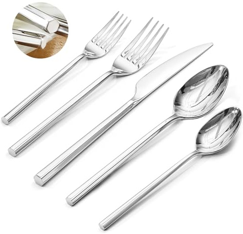HIKAA Besteck Set 6 Personen 18/10 Edelstahl Luxuriöses 30-Tlg. Essbesteck | Spülmaschinenfest, Hexagonale Griffe für Cutlery Set, Hochglanz & Rostfrei, Elegantes Bestecksets für Zuhause & Hochzeit