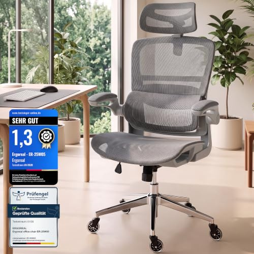 Ergoreal Schreibtischstuhl Ergonomischer Bürostuhl mit 150kg Tragkraft, verstellbaren Armlehnen, dynamischer Lendenstütze, Wippfunktion – Büro&Gaming Stuhl für Homeoffice, atmungsaktives Mesh, Grau