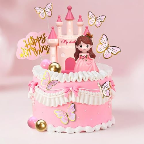 Princess Cake Toppers Complete Set - Castle Decoration with Resin Princess, Birthday Sign & Butterflies for Adult Party, Bachelorette Celebration