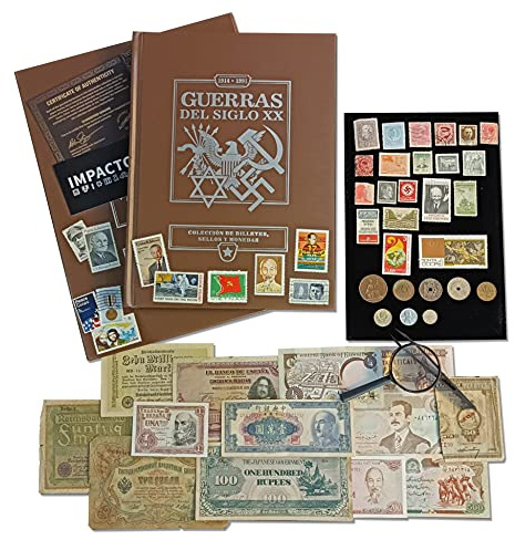 IMPACTO COLECCIONABLES 52 Monedas, Sellos y Billetes Antiguos y Originales de Las Guerras del Siglo XX emitidos Entre 1914 y 1991 - Incluye Certificado de Autenticidad.