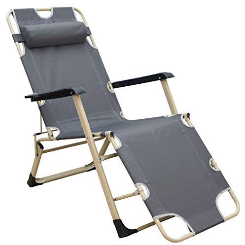 AMANKA Liegestuhl mit Auflage und Kopfkissen - 178cm Gartenliege Campingliege Sonnenliege Grau