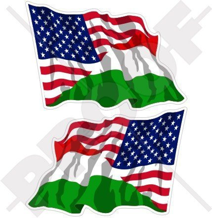 USA Vereinigte Staaten von Amerika und UNGARN, Amerikanisch und Ungarisch, MAGYAR Wehende Flagge, Fahne 120mm Auto & Motorrad Aufkleber, x2 Vinyl Stickers (Links - Rechts)