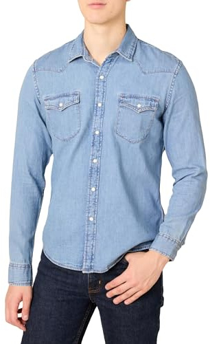 Amazon Essentials Chemise en Jean à Manches Longues avec Boutons-Pression, Coupe Ajustée Homme, Bleu Clair, XS