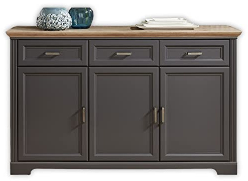 Stella Trading JASMIN Sideboard in Artisan Eiche Optik, Graphit - Kommode mit Schubladen und viel Stauraum im Landhausstil - 166 x 102 x 48 cm (B/H/T) | 166 x 102 x 48 cm (B/H/T), Landhausstil, 3 Schubladen, Türen mit Stauraum, Ablagefläche, Wohnbereich
