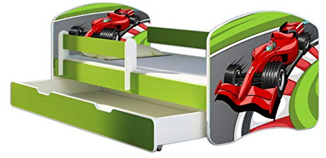 ACMA Kinderbett 180x80 Jugendbett mit Einer Schublade und Matratze, Farbe Grün, Rausfallschutz Lattenrost II Spielbett Kinderzimmer Möbel, 06 Formel 1