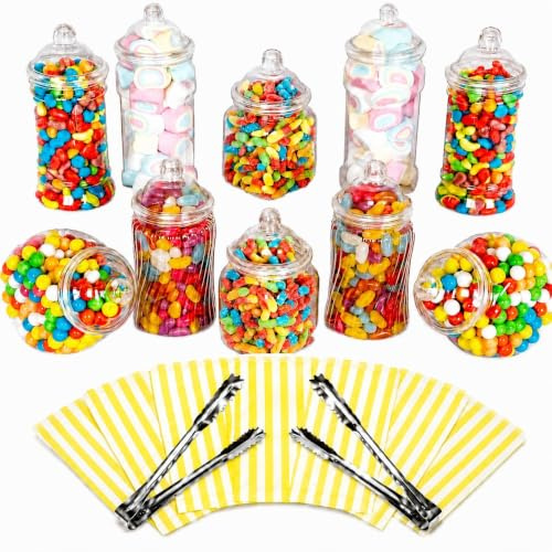 Truly Sweet Candy 10 Plastic Sweet Jars, 5 styles, 2 tongs, 50 bags Buffet (Yellow)