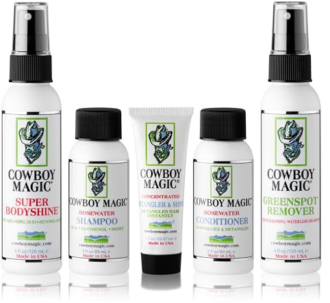 Cowboy Magic Sample Kit – Includes Rosewater Shampoo (2 oz), Rosewater Conditioner (2 oz), Super Bodyshine (3.4 oz), Greenspot Remover (3.4 oz), & Detangler & Shine (1 oz) – Perfect for Travel & Tack