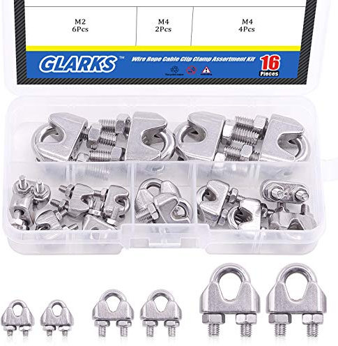 Glarks 16Pcs M2 M4 M8 Wire Rope Cable Clip Clamp Kit for Wire Rope Cable Thimbles Rigging