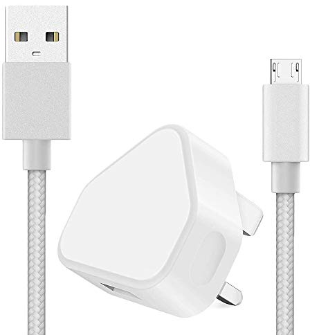 3 Pin UK USB Mains Wall Charger & [1Pack 3M] MicroUSB Cable Extra Long Durable Braided Charging Micro USB Data Sync Cord compatible with LG K8 2017 - SILVER