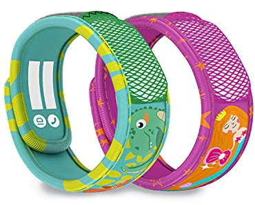 PARA'KITO Mosquito Repellent Pack - 2 Kids Wristbands & 2 Refills Green Dinosaur/Mermaid