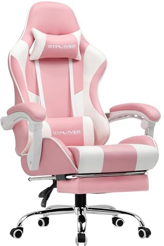 GTPLAYER Bürostuhl Gaming Stuhl Massage Gaming Sessel Ergonomischer Gamer Stuhl mit Fußstütze, Gepolstert Gaming Chair, Drehsessel 150KG,pink