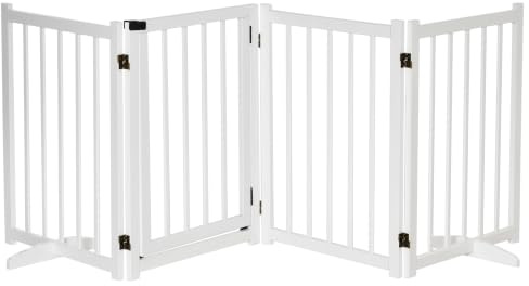 PawHut Cancellino Pieghevole per Cani Piccola/Media 237.5x36x80cm Bianco | 4 Pannelli in Legno, SerraturaCancelletto per Cani Pieghevole