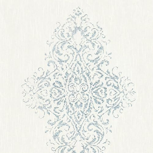 Profhome 319451-GU Textiltapet ornament matt färg vit silver blå 5,33 m2