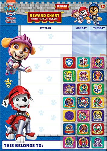 Paper Projects 01.70.30.046 Rescue Knights Paw Patrol Rettungsritter-Belohnungstafel, inkl. 56 glitzernden Aufklebern, A3-Diagramm ist abwischbar, blau, 29.7cm x 42cm