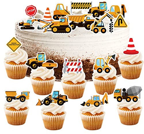 Lot de 64 pelles comestibles - Décoration de gâteau, véhicule de construction, décoration de gâteau, chantier de construction, pour enfants, excavatrice, garçon, voiture, excavatrice, cupcake