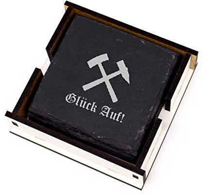 Glück Auf! Deko Untersetzer Gläser Schiefer mit Box graviert Gruß Bergleute eckig 4 Stück 11 x 11 cm Bergwerk Kumpel Schiefer Getränkeuntersetzer