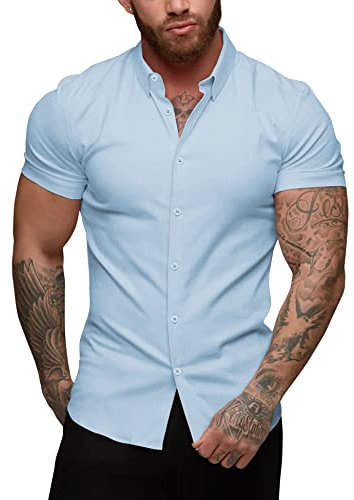URRU Men's Muscle Dress Shirts Slim Fit Stretch Short Sleeve Casual Button Down Shirts for Men Light Blue XL