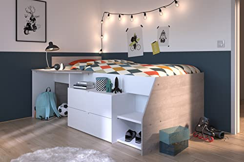 Hochbett Milky 1 von Parisot Jugendzimmer Möbel in Weiß und Grey Loft mit LATTENROST und MATRATZE für Jungen und Mädchen