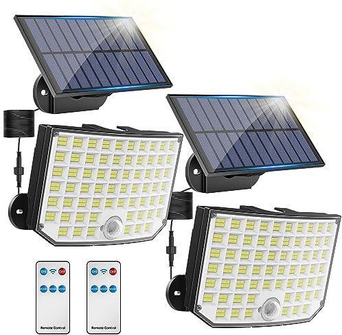 KagoLing Luces Solares Exterior Jardin, Foco Solar 256 LED 2 Paquete Separar Lampara Solar con Mando a Distancia 3 Modes IP65 con Sensor de Movimiento para Garajes Caminos