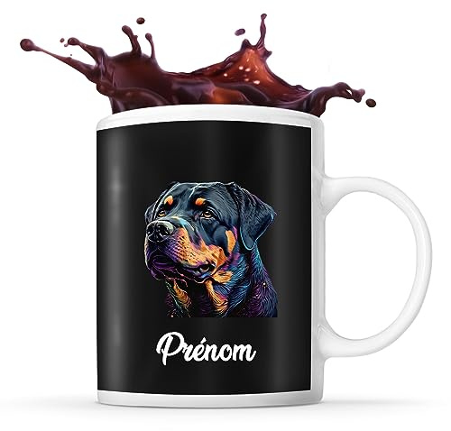 Planetee Tasse Rottweiler Style Pop Prénom Nom Personnalisable | Mug Café Thé Idée Cadeau Personnalisé Homme Femme Original pour propriétaire de chien