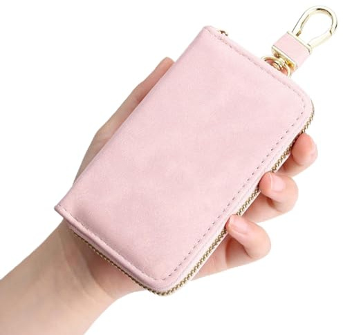 Estuches de llave, Portallaves de cuero,Portallaves de Piel,cierre con cremallera y seis ganchos para llaves, Portátil Estuche para llaves de coche (Rosa)