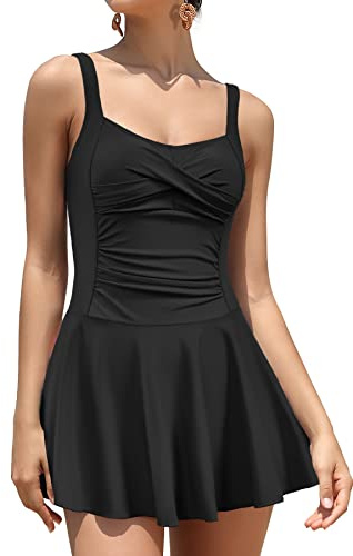 SHEKINI Femme Maillot de Bain 1 Pièce avec Jupette Vintage Ruched Abdominal Contrôle Rembourré Maillots Une Pièce Robe de Plage Swimsuit