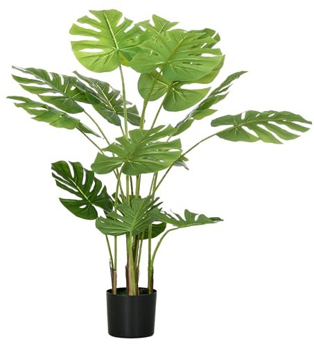 HOMCOM Künstliche Pflanzen, Kunst Monstera Deliciosa, 120 cm Kunstpflanze mit 15 Zweige, Zimmerpflanze, Kunstbaum, Pflanze Deko für Indoor, Grün