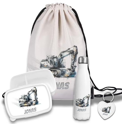 timalo Kinder Schulset Brotdose, Trinkflasche, Turnbeutel personalisiert mit Namen | Set Wasserflasche Edelstahl | Lunchbox mit Trennwand | Geschenk zur Einschulung & Kindergarten | 22 - Bagger